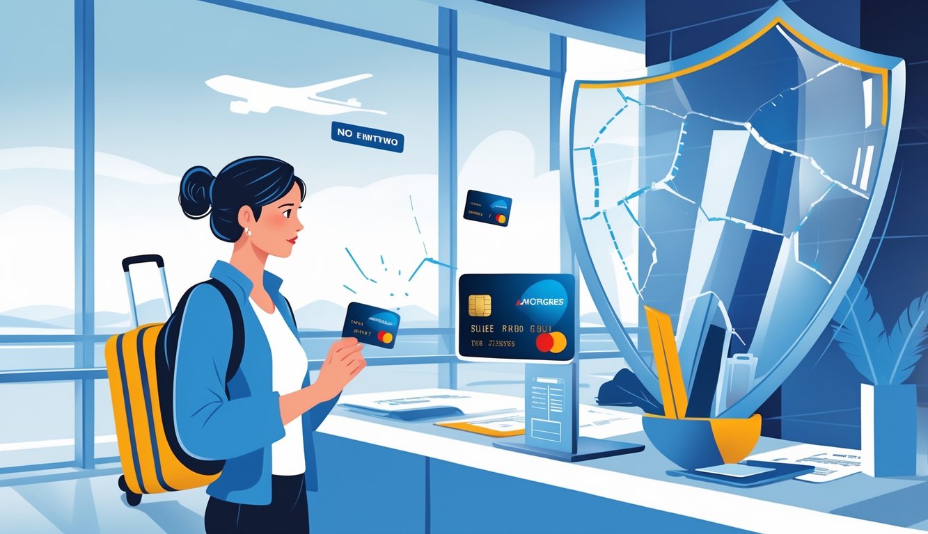 A traveler at an airport looks concerned while holding a credit card and travel documents, surrounded by symbols representing insurance coverage gaps and denied insurance providers, with vacation-related items in the background.