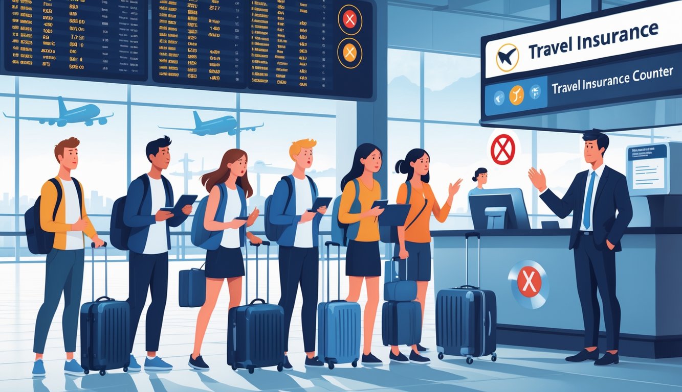 Travelers at an airport gate looking concerned as a travel insurance representative denies coverage, with flight information displayed in the background.