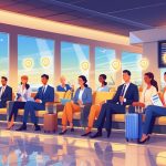 An airport lounge where experienced travelers enjoy exclusive perks while a first-time visitor watches them with interest.