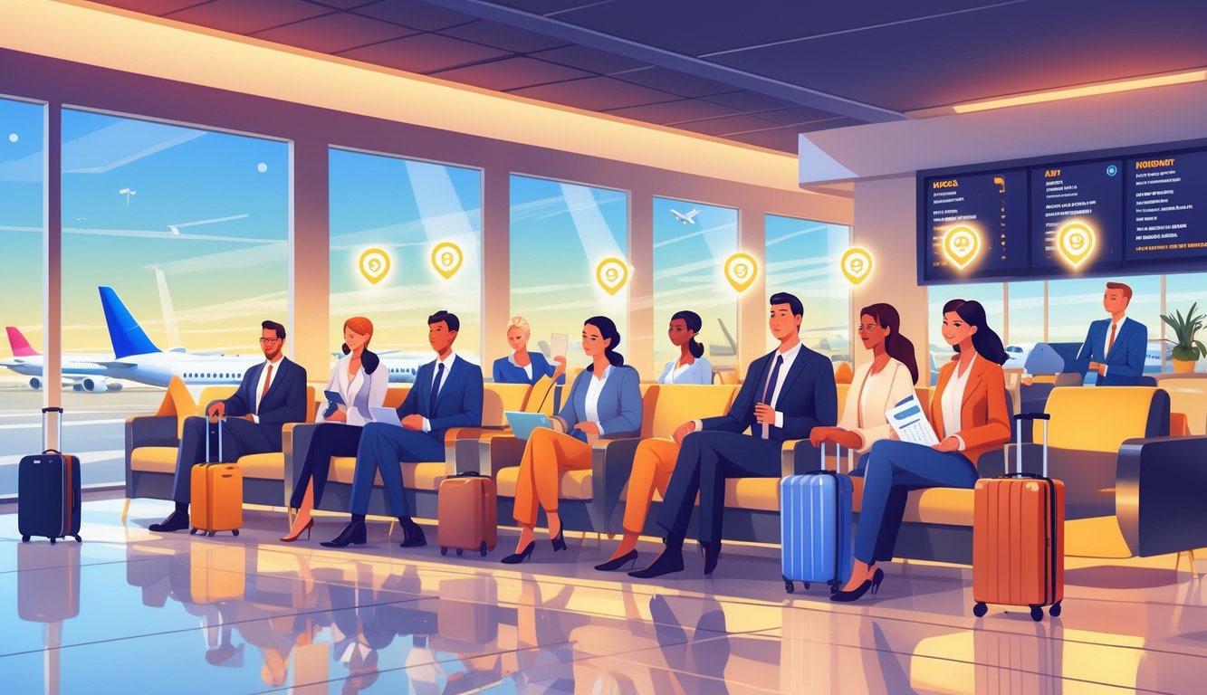 An airport lounge where experienced travelers enjoy exclusive perks while a first-time visitor watches them with interest.