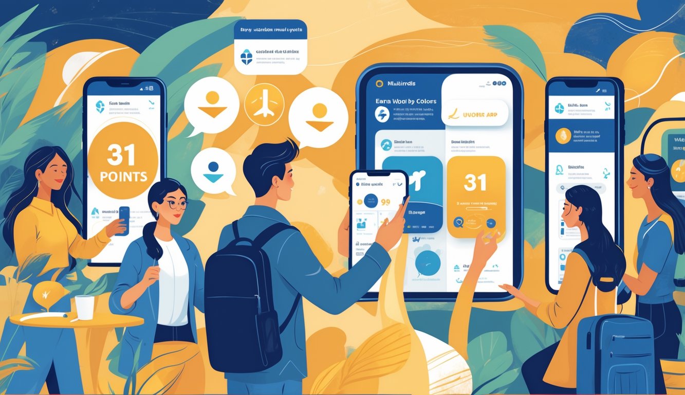 A group of travelers using digital devices to discover unique travel loyalty rewards and perks in a setting combining an airport lounge, café, and exotic destination.