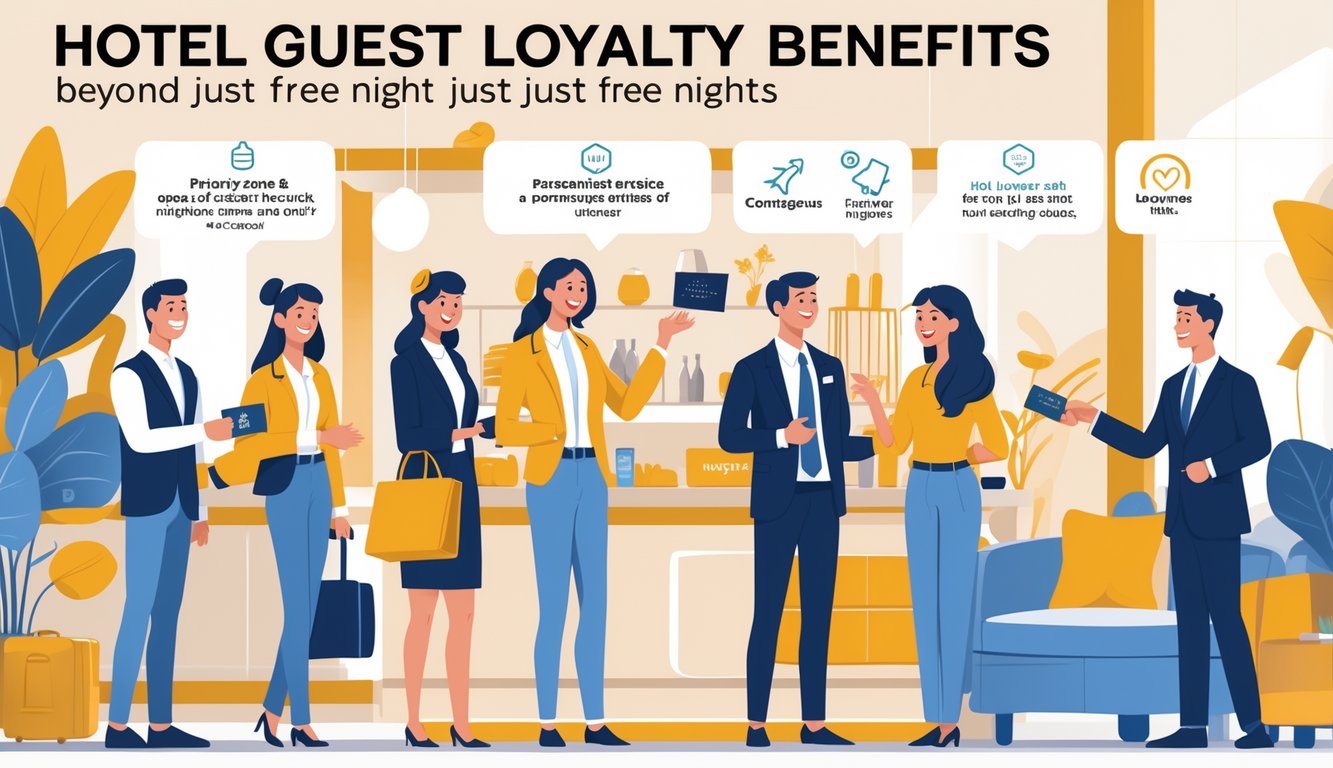Travelers receiving special hotel benefits like room upgrades, spa access, and personalized service from hotel staff in a welcoming hotel lobby.
