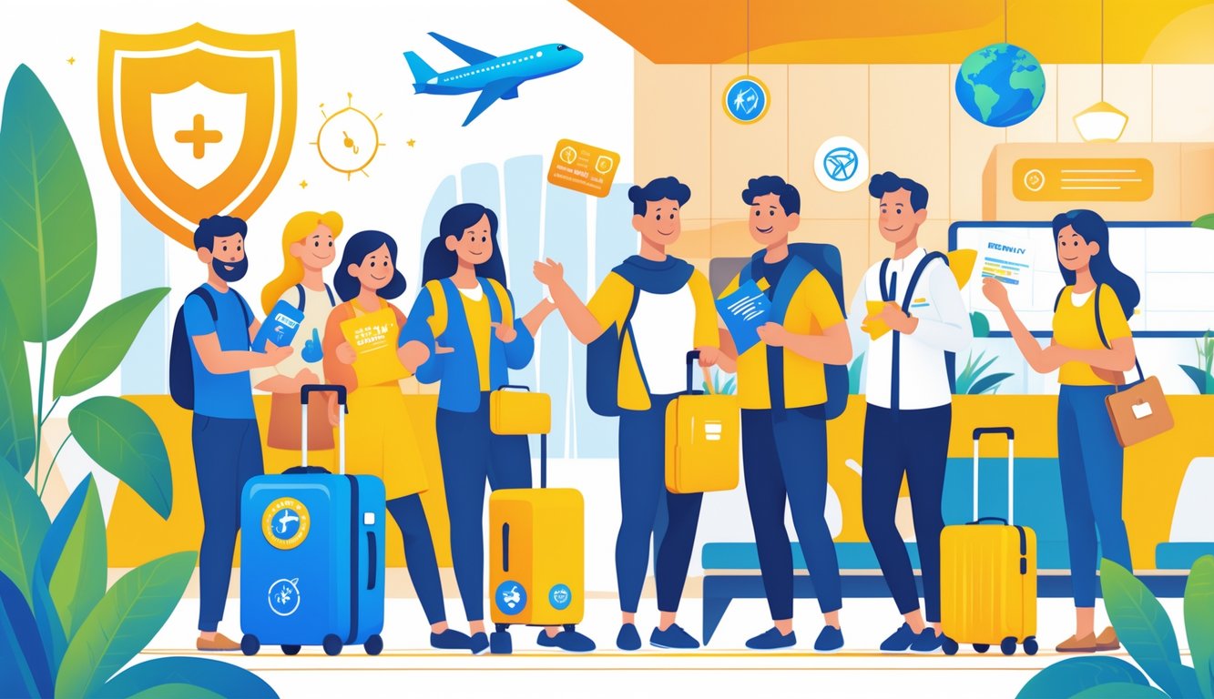 A group of travelers at an airport lounge with symbols of insurance protection, loyalty cards, and a guide sharing tips with a first-time visitor.