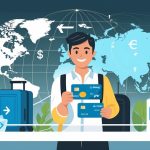 A traveler holding a credit card with a globe in the background and icons representing currency and savings around them.