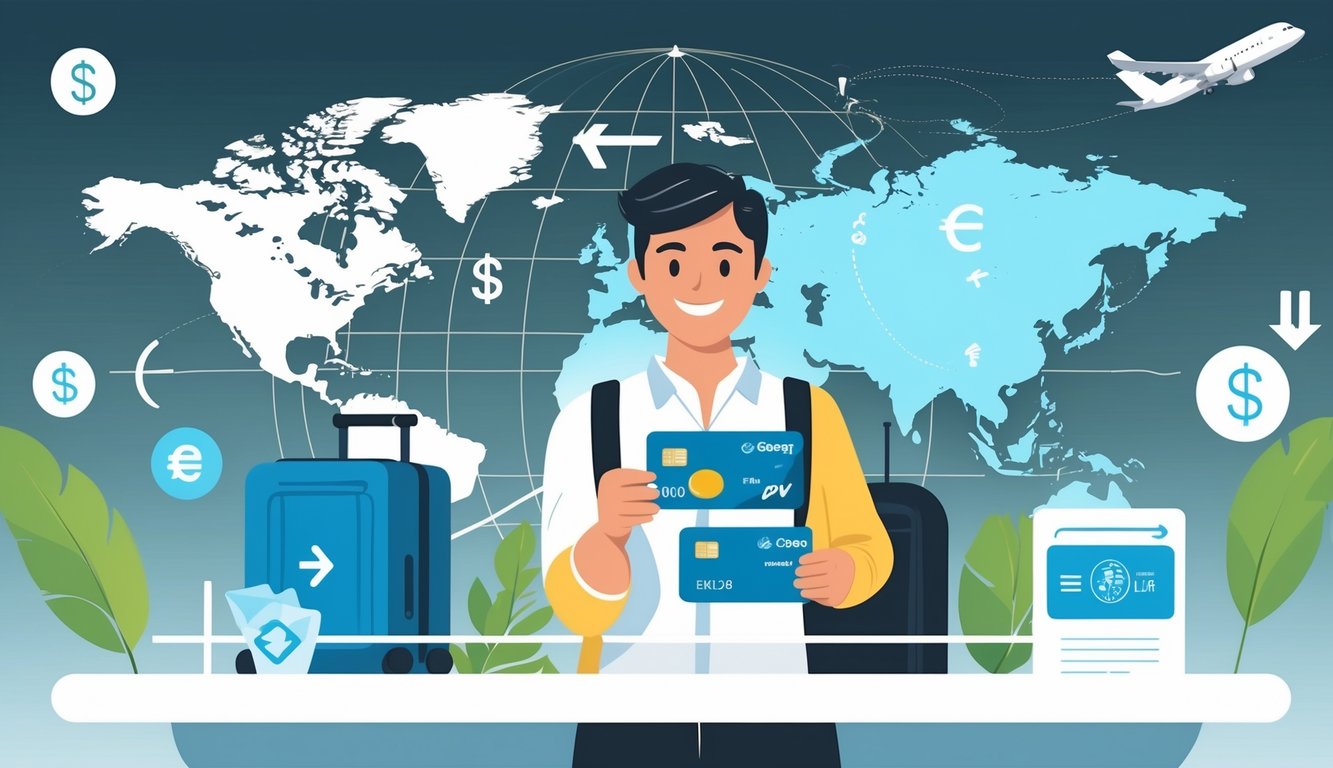 A traveler holding a credit card with a globe in the background and icons representing currency and savings around them.