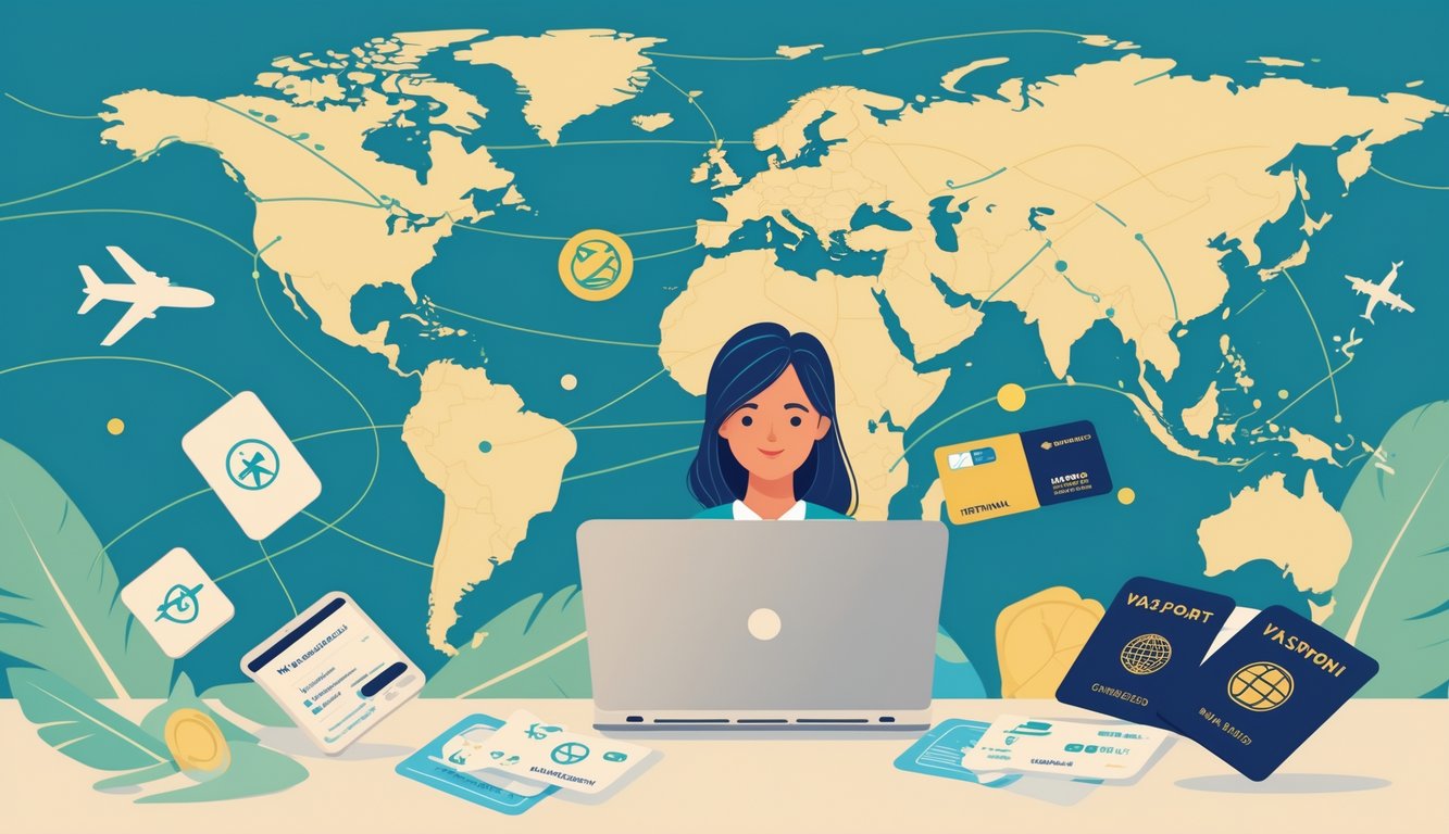 A traveler planning an international trip at a desk with a laptop, passport, boarding passes, and travel-related icons around them, with a world map in the background showing major destinations.