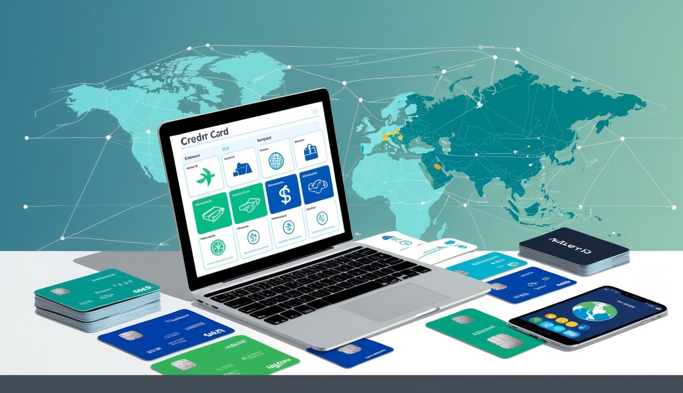 A workspace with a laptop showing a credit card comparison dashboard, multiple credit cards, travel accessories, and a world map with travel routes.