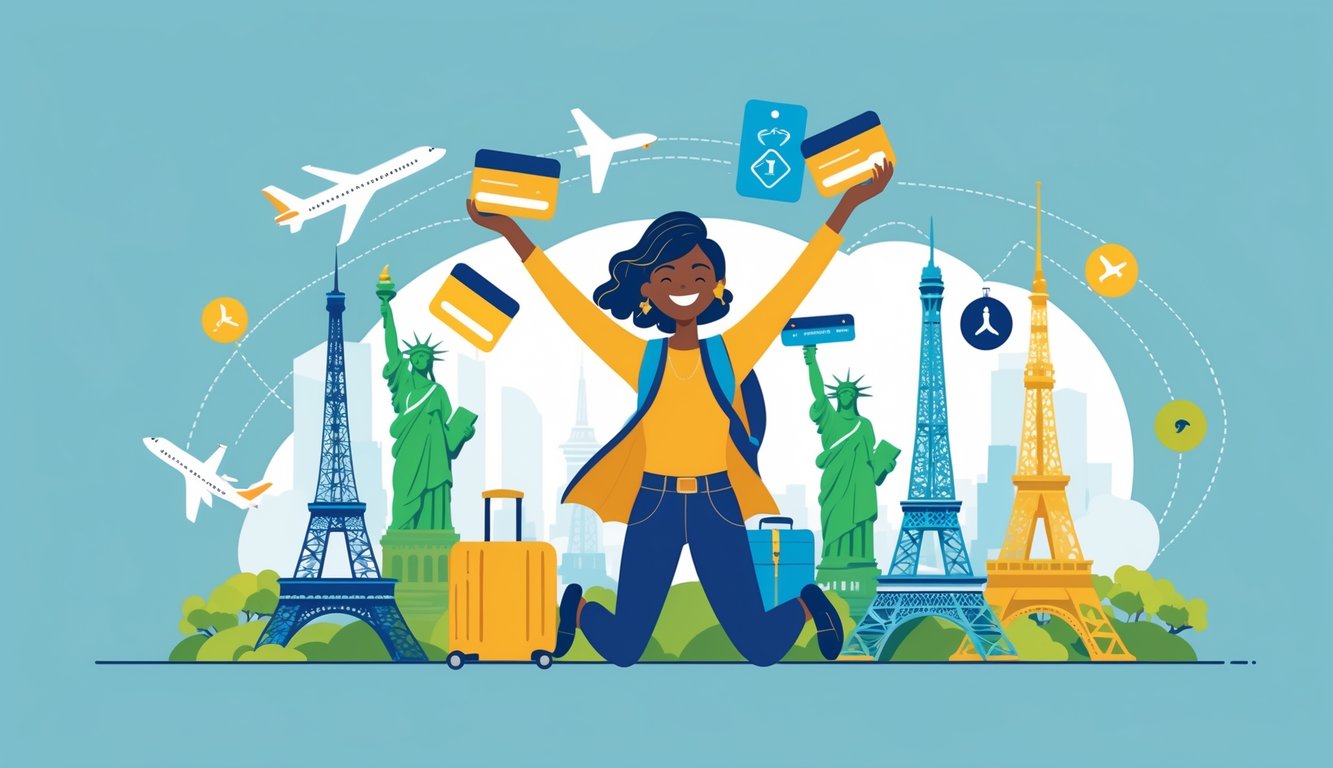 A traveler holding multiple credit cards surrounded by famous international landmarks and travel-related icons, symbolizing travel perks and loyalty programs.