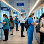 Passengers quietly undergoing health screenings by medical staff at a cruise ship boarding area.