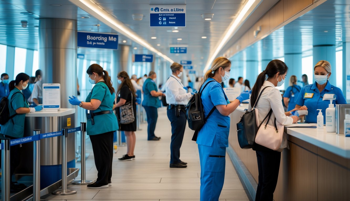 Passengers quietly undergoing health screenings by medical staff at a cruise ship boarding area.