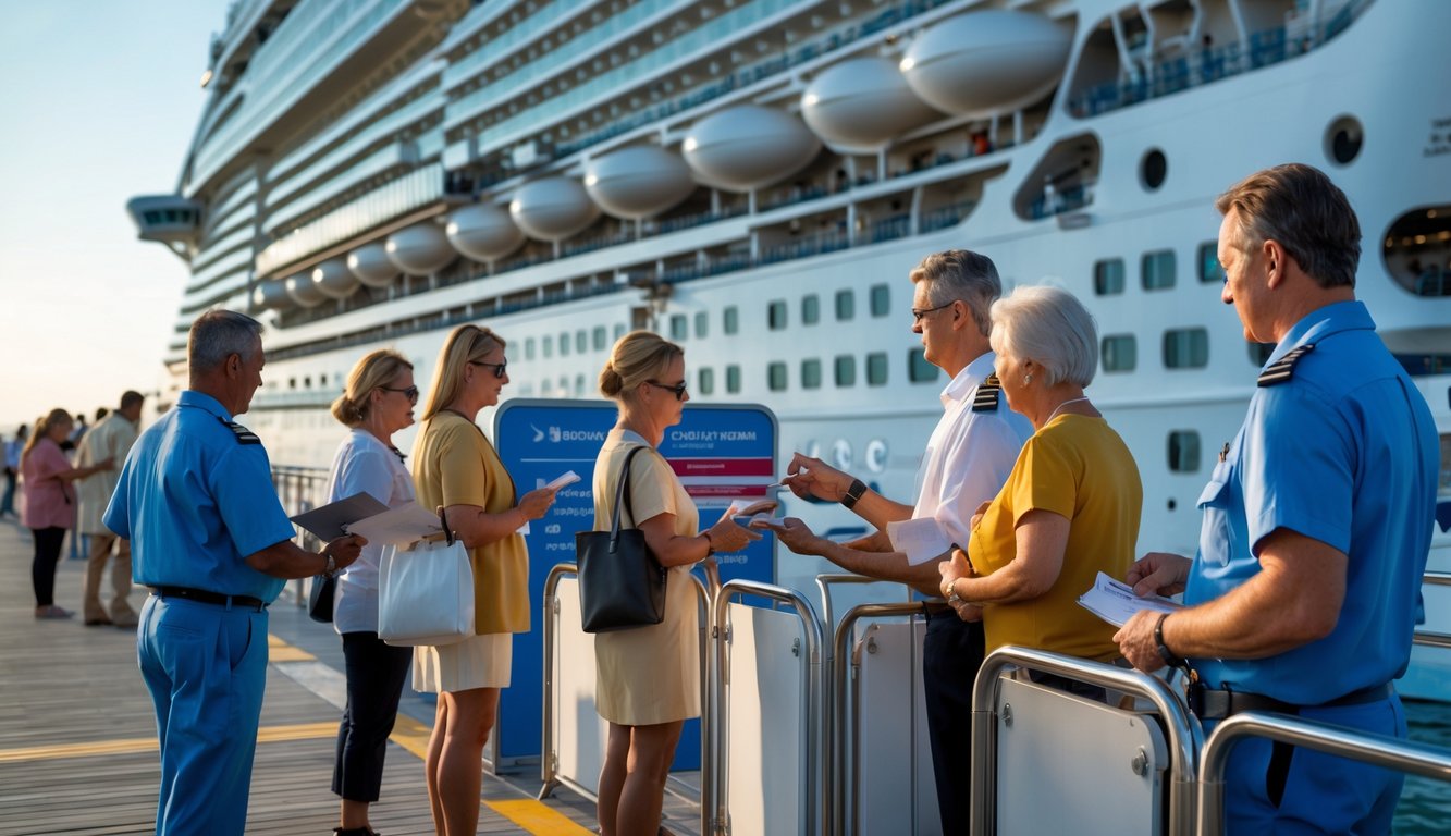 Passengers interacting with cruise staff at a cruise ship boarding area, with staff checking medical documents.