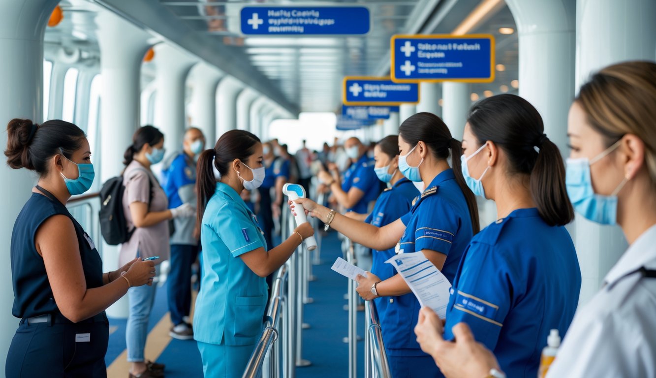 Passengers undergoing health screenings by medical staff at a cruise ship boarding area.