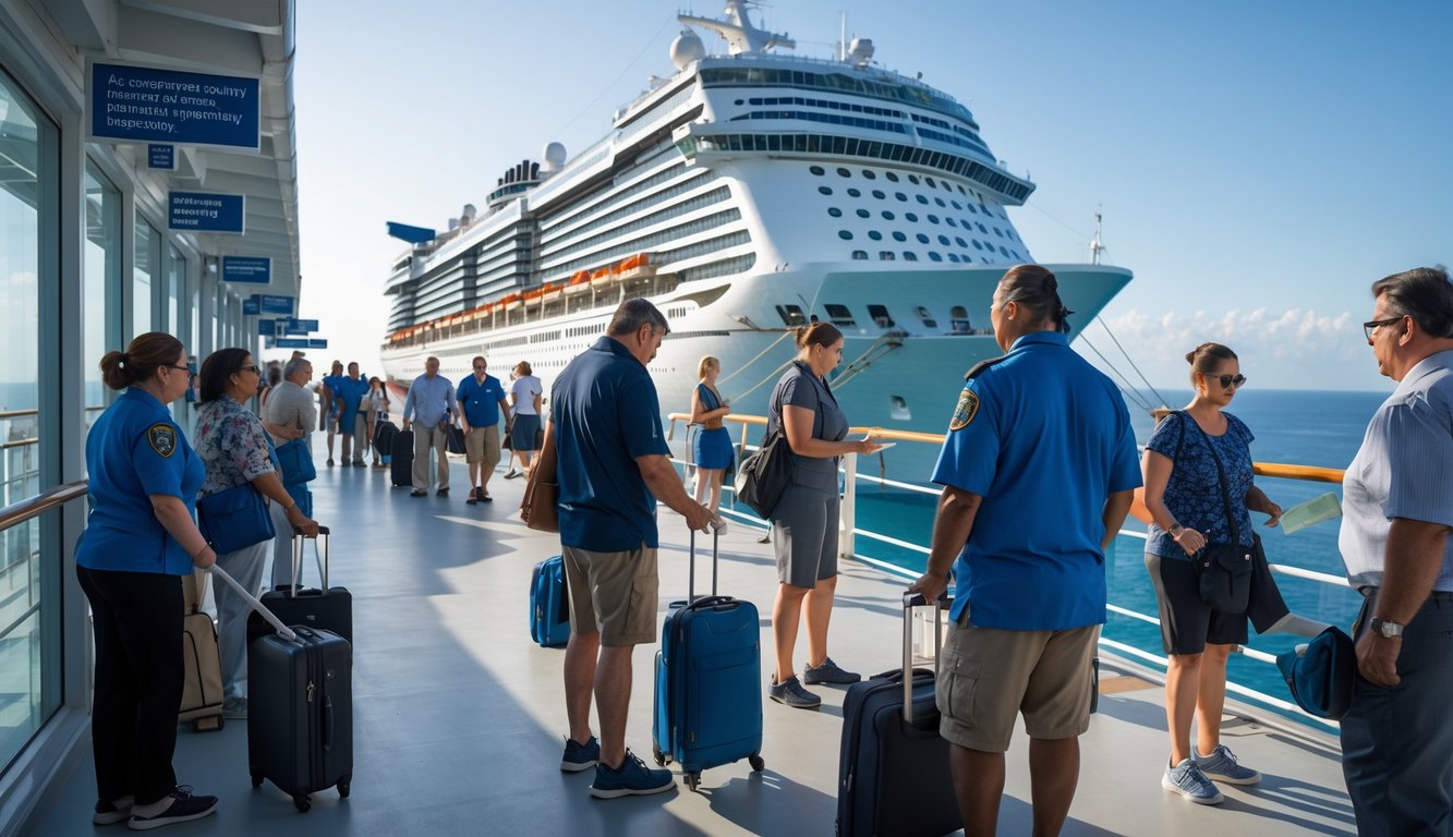 Passengers at a cruise ship terminal having their personal items checked by security staff during boarding.