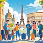 A group of travelers exploring famous European landmarks with suitcases and maps under clear skies.