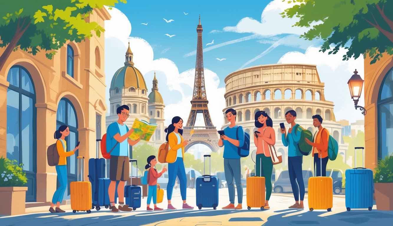 A group of travelers exploring famous European landmarks with suitcases and maps under clear skies.