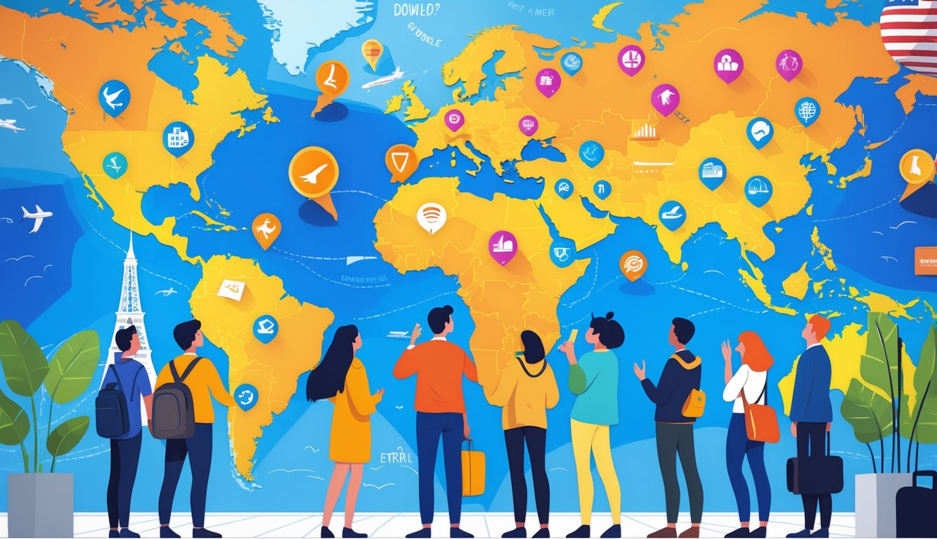 A group of travelers looking at a map of Europe with icons representing travel deals and famous landmarks in the background.