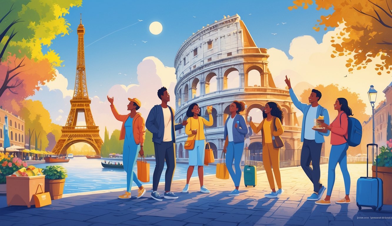 A group of travelers exploring famous European landmarks and enjoying local culture during different seasons.