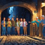 Tourists surprised by unexpected fee booths in a narrow hidden passage while local residents warn them nearby.