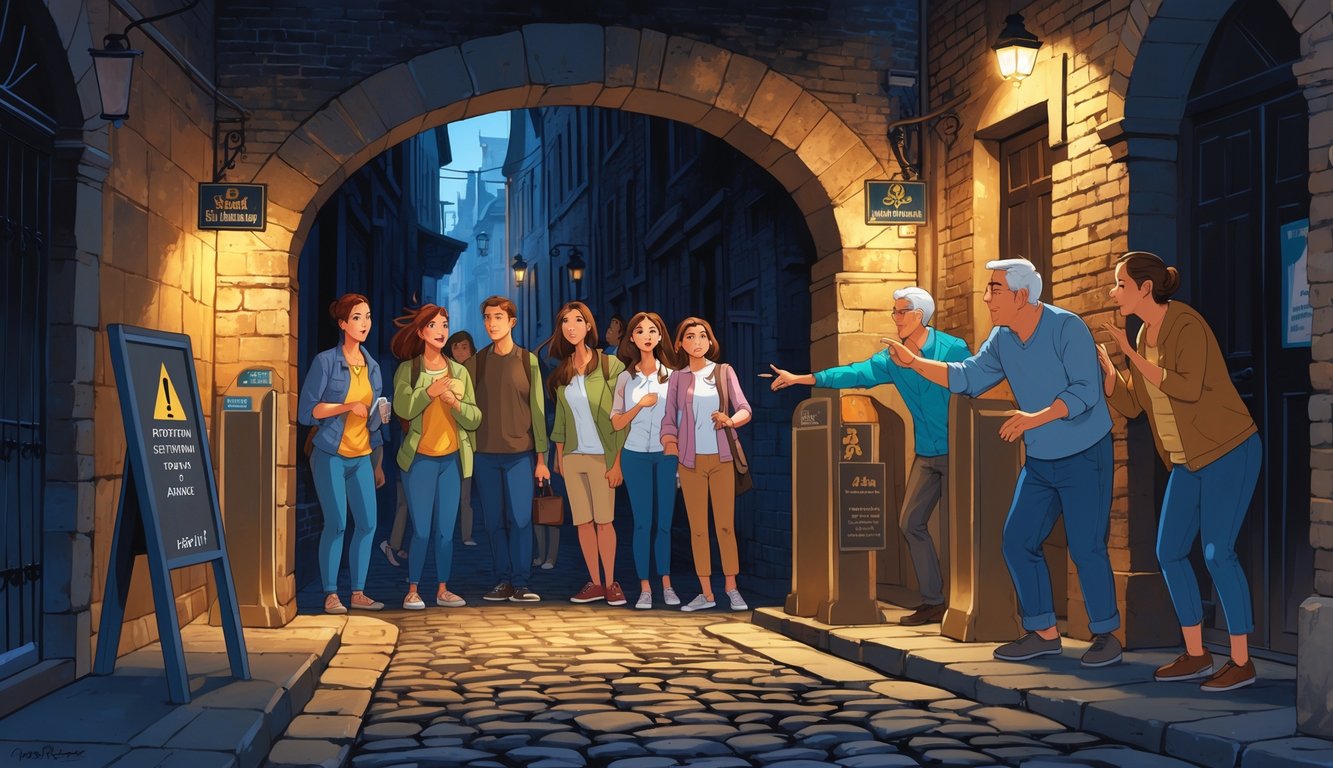 Tourists surprised by unexpected fee booths in a narrow hidden passage while local residents warn them nearby.