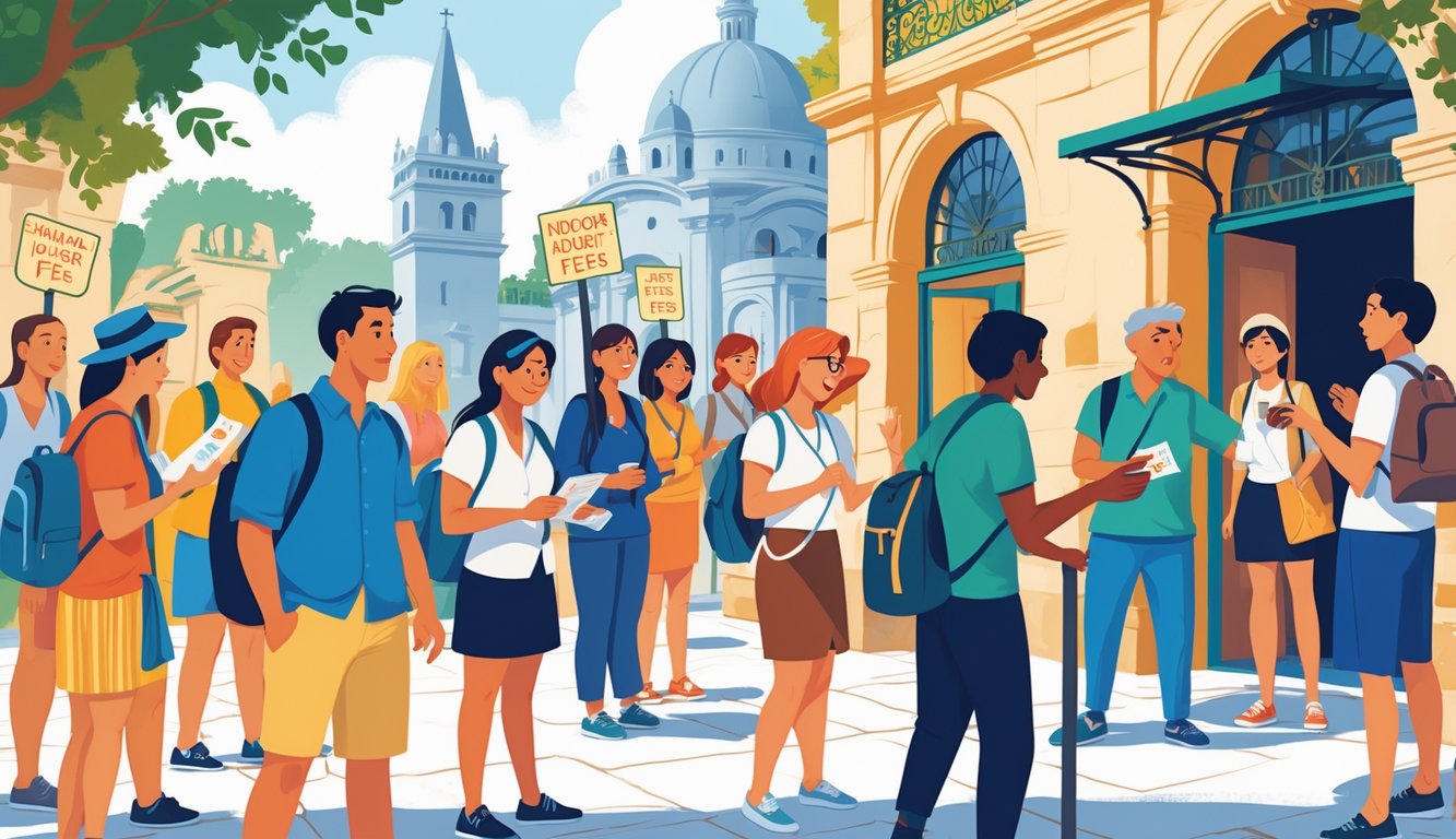 Tourists looking surprised and confused as local guides point to narrow pathways with subtle signs indicating extra fees at a popular travel destination.