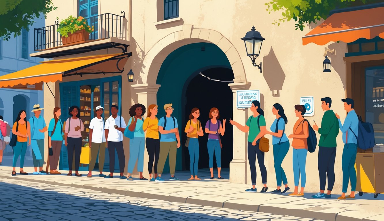 Tourists looking surprised near a hidden passage in a busy market area while locals discreetly point towards it.