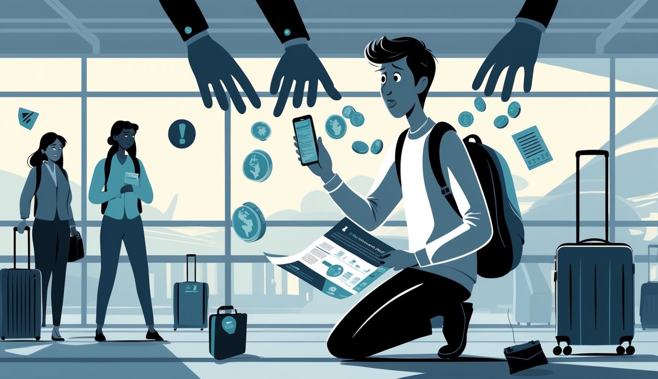 A traveler looks surprised while holding travel documents as shadowy hands reach out with money, with locals watching cautiously in an airport setting.
