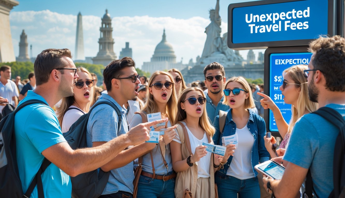 Tourists at a famous landmark looking surprised and frustrated as they learn about unexpected travel fees.
