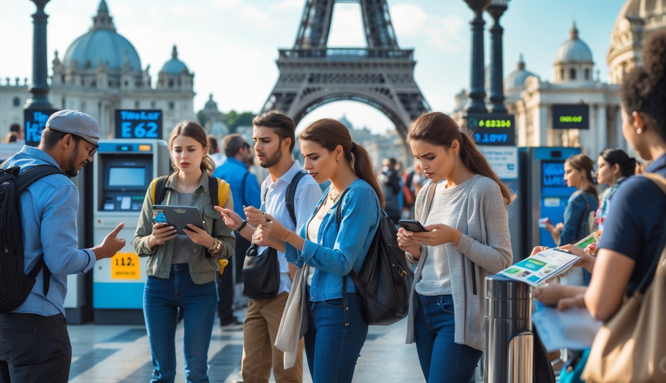 Tourists looking confused and frustrated while interacting with ticket booths and payment kiosks at a famous landmark.